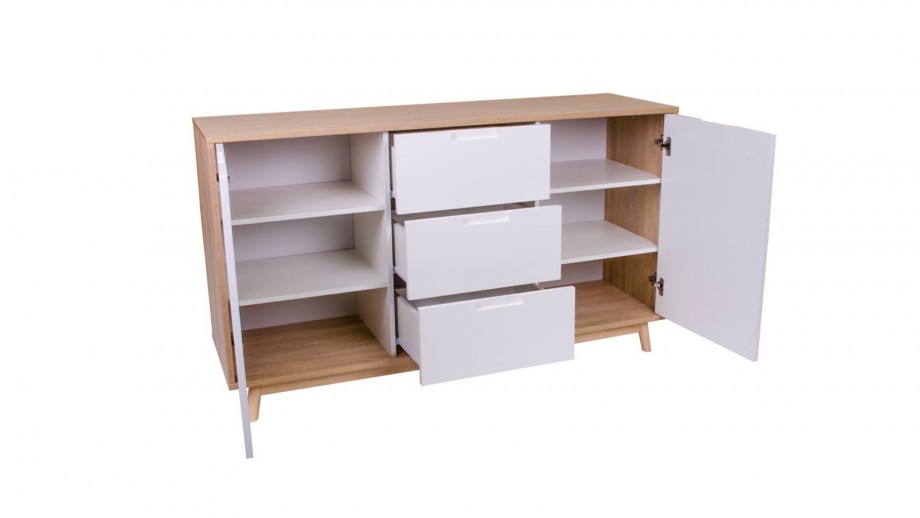 Meuble de rangement bas 2 portes 3 tiroirs blanc et naturel