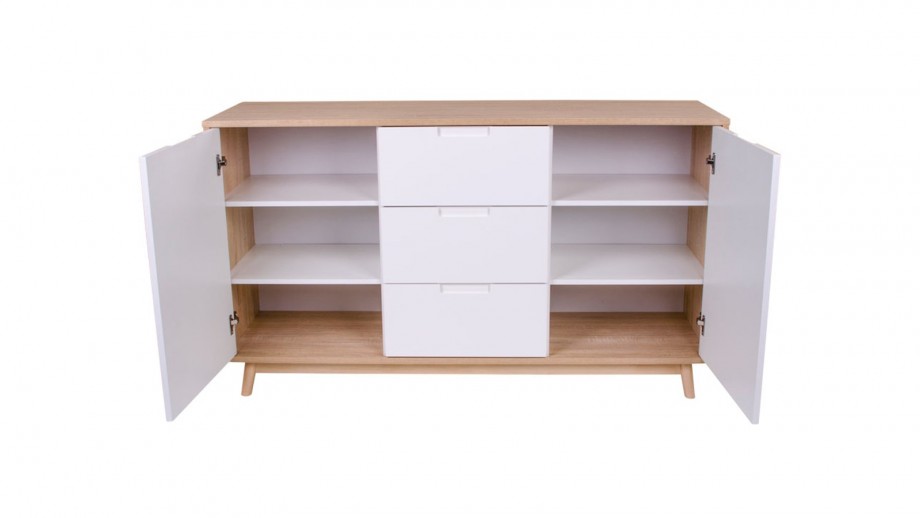 Meuble de rangement bas 2 portes 3 tiroirs blanc et naturel