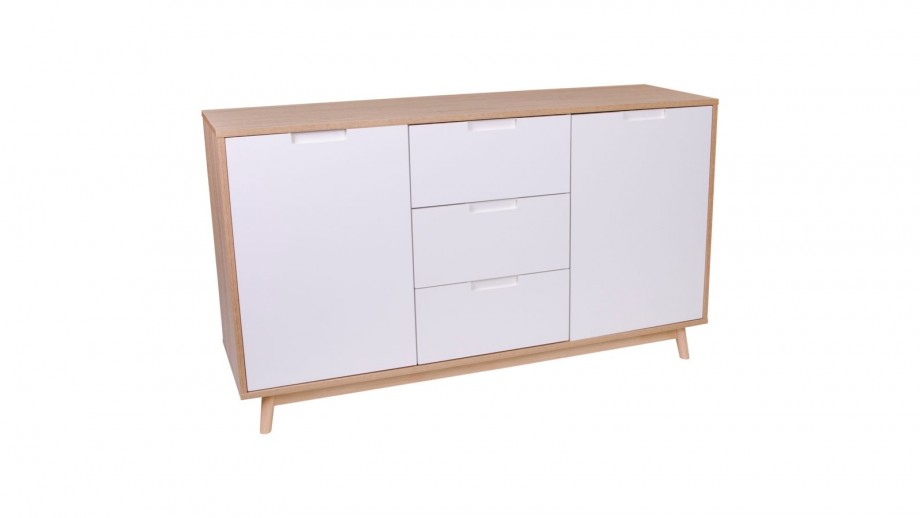 Meuble de rangement bas 2 portes 3 tiroirs blanc et naturel