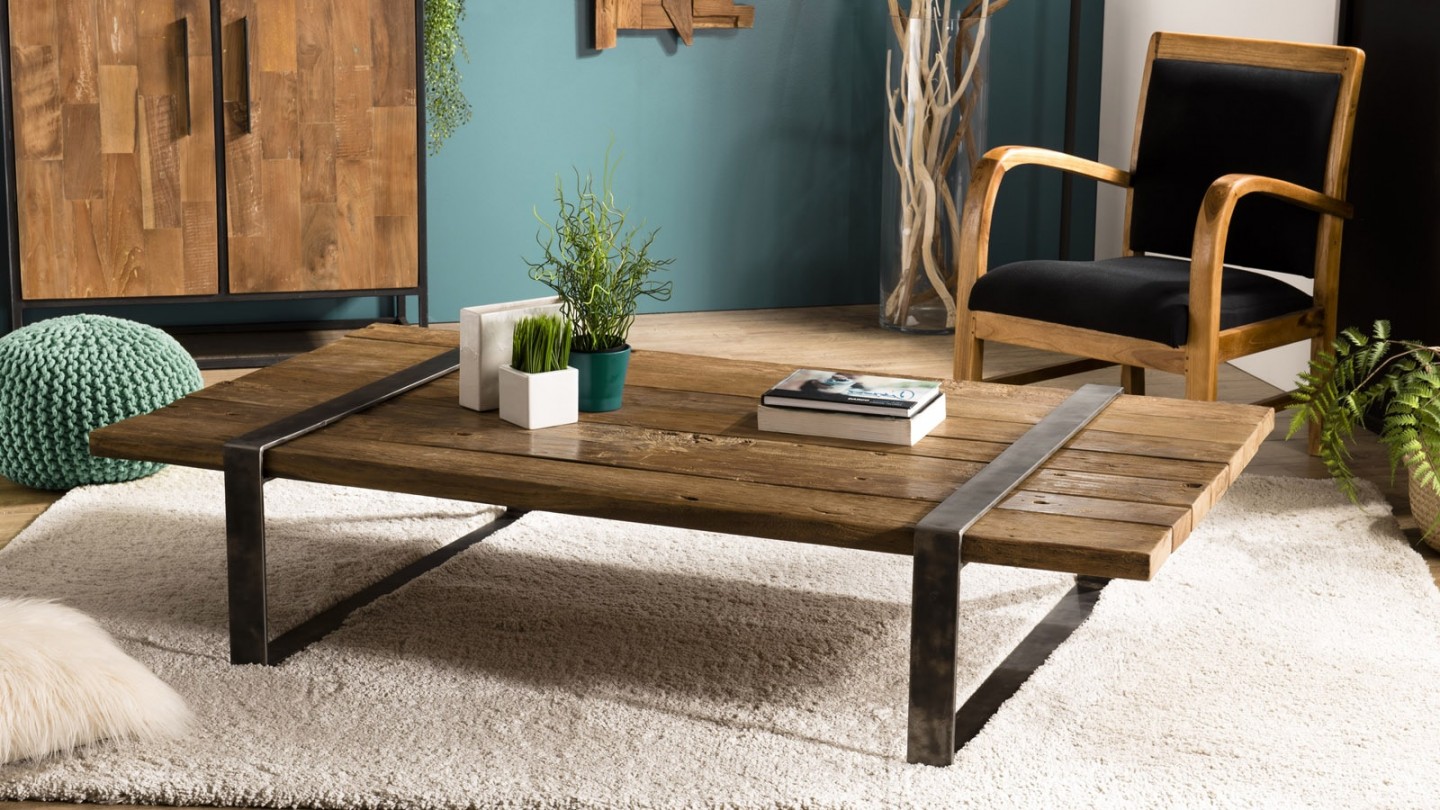 Table basse multi-planches en bois massif et métal - Collection Mathis