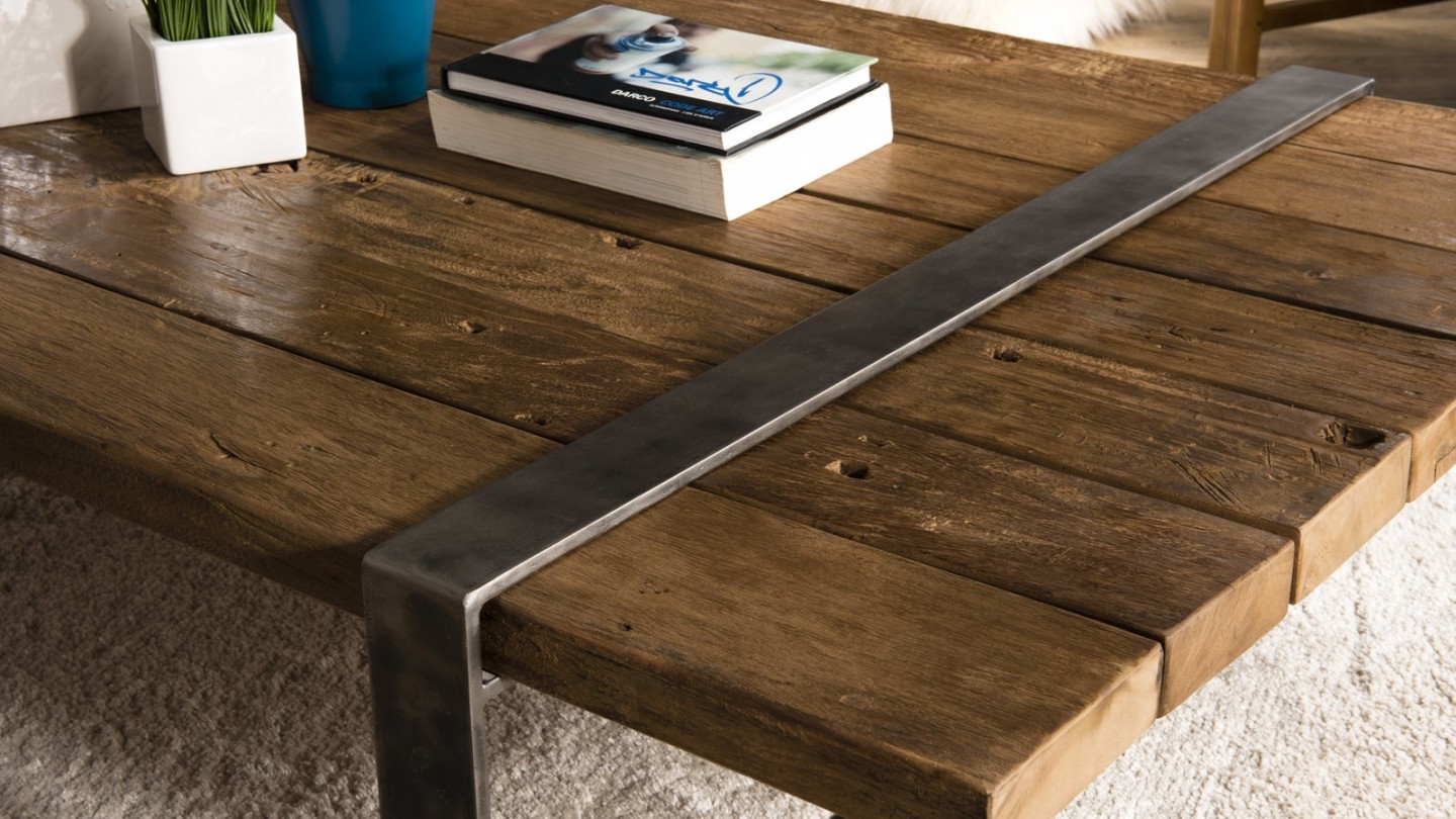 Table basse multi-planches en bois massif et métal - Collection Mathis