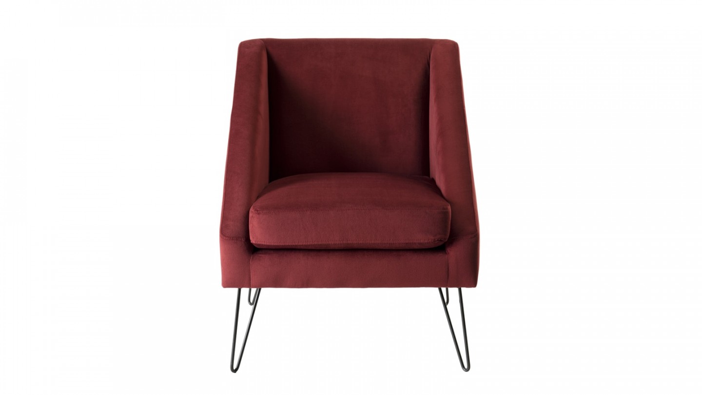 Fauteuil en velours rouge bordeaux piètement épingle en métal noir - Collection Agathe