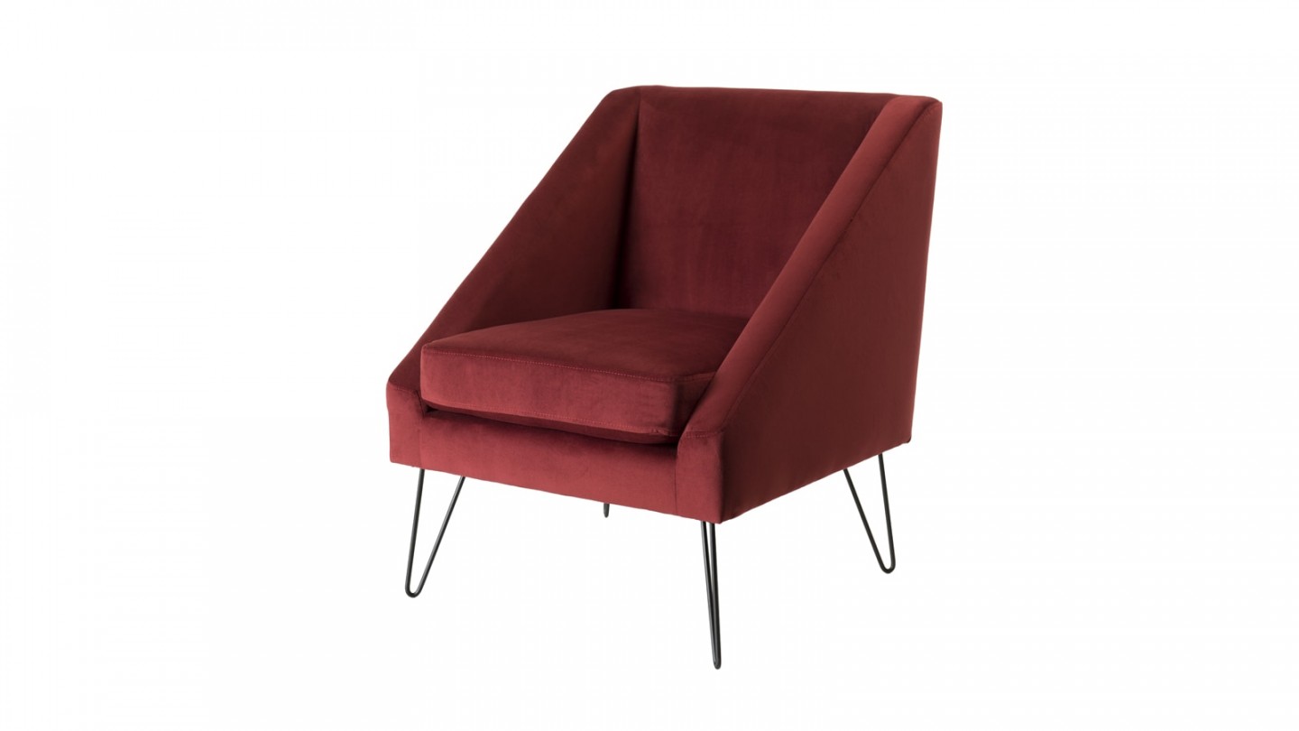 Fauteuil en velours rouge bordeaux piètement épingle en métal noir - Collection Agathe