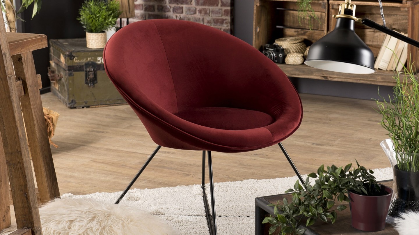 Fauteuil rond en velours bordeaux piètement en métal noir - Collection Agathe