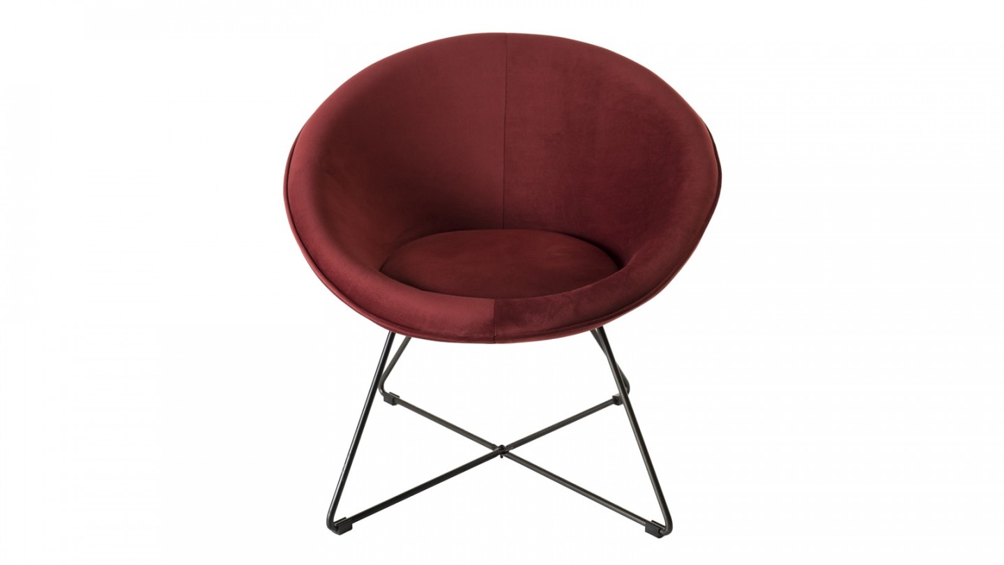 Fauteuil rond en velours bordeaux piètement en métal noir - Collection Agathe