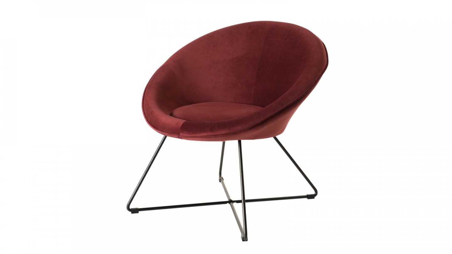 Fauteuil rond en velours bordeaux piètement en métal noir - Collection Agathe