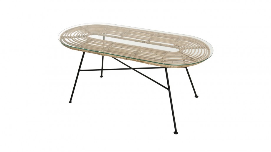 Table basse ovale en rotin plateau en verre piètement métal - Collection Camille