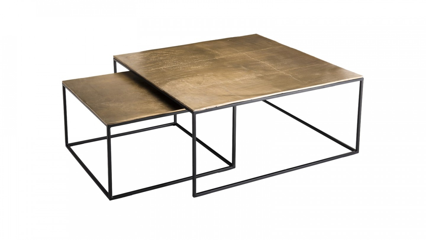 Set de 2 tables gigognes carrées en aluminium doré piètement métal - Collection Johan