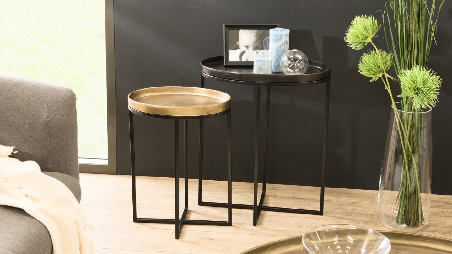 Set de 2 tables d'apppoint ovales en aluminium doré et noir - Collection Johan
