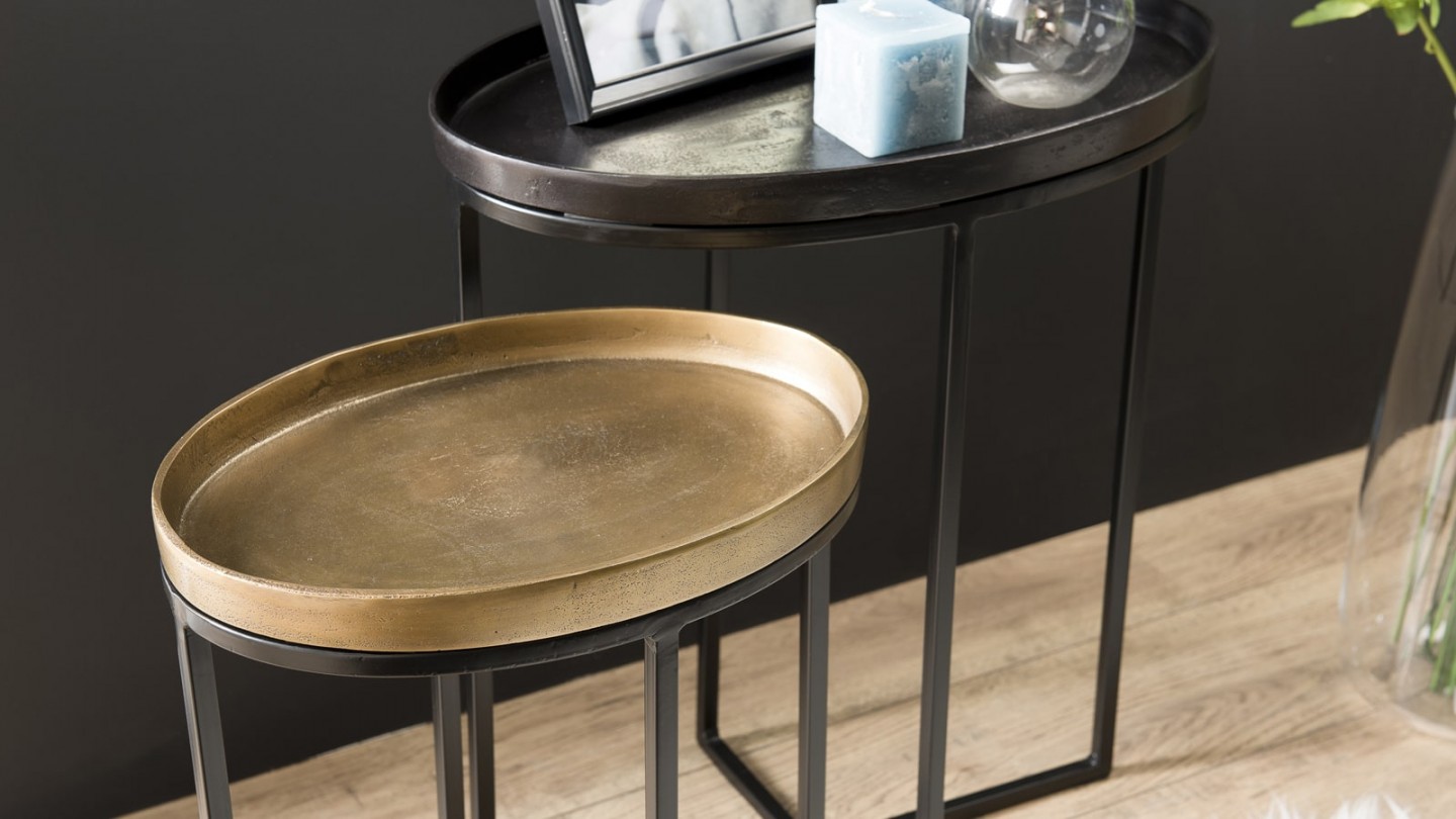Set de 2 tables d'apppoint ovales en aluminium doré et noir - Collection Johan