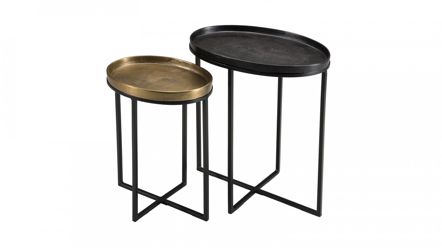 Set de 2 tables d'apppoint ovales en aluminium doré et noir - Collection Johan
