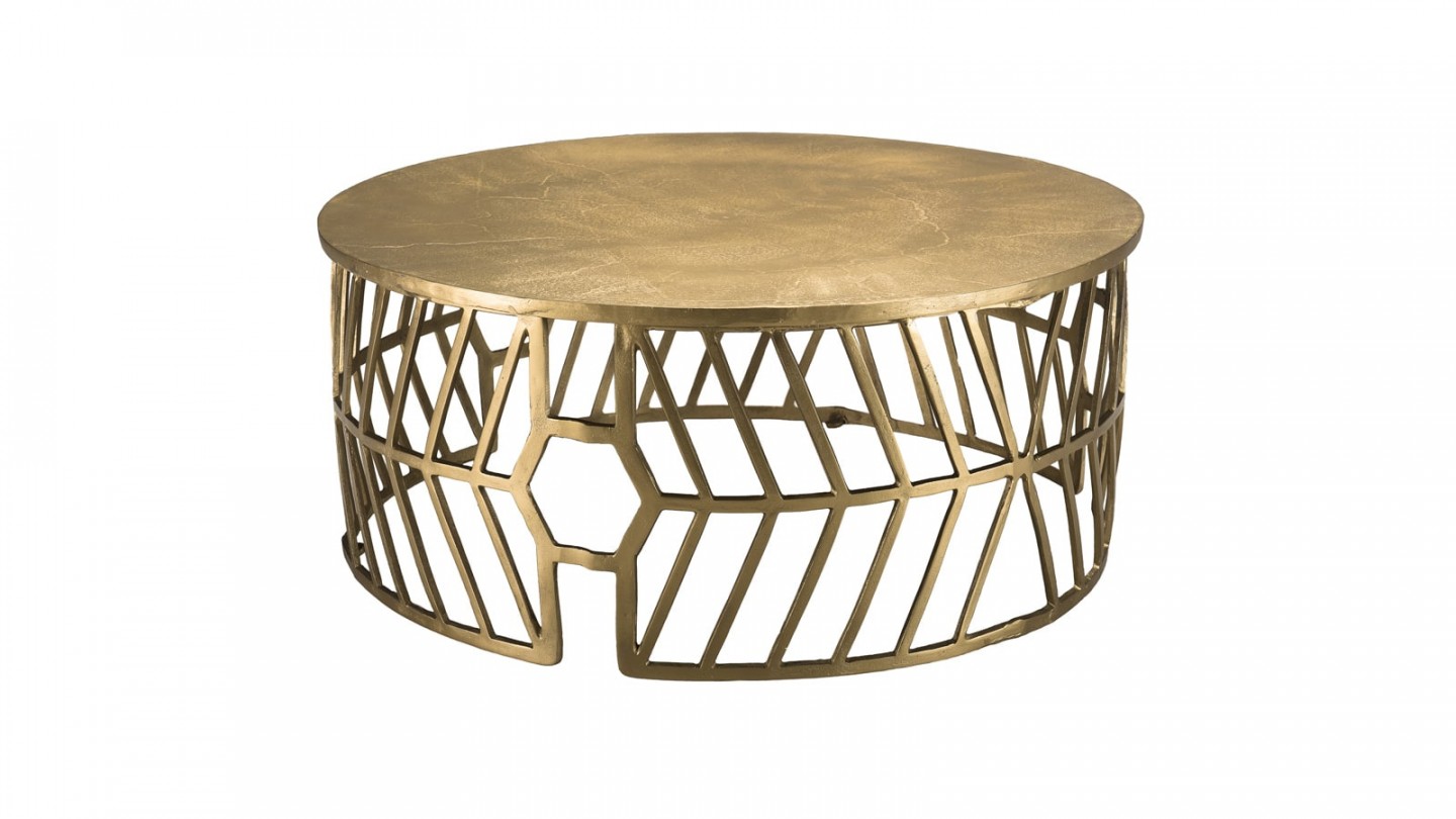 Table basse ronde 89cm en aluminium doré piètement graphique - Collection Johan