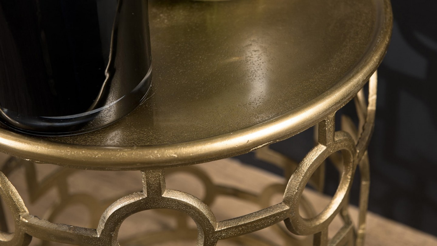 Table d'appoint ronde en aluminium doré piètement graphique - Collection Johan