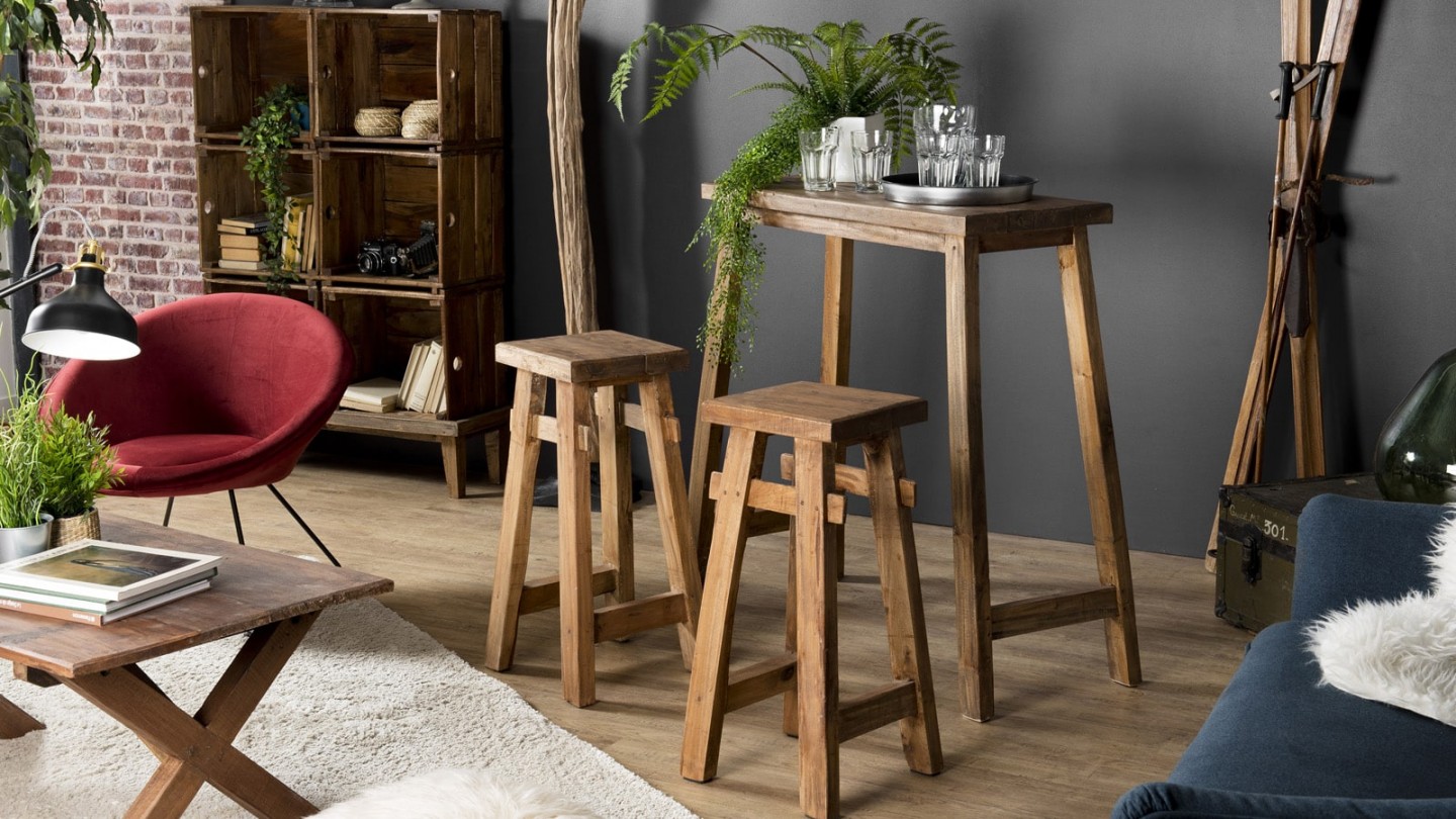 Set 1 table 2 tabourets en bois - Collection Nora