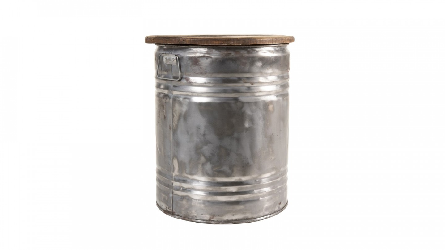 Table d'appoint ronde bidon acier et bois recyclé - Collection Nora