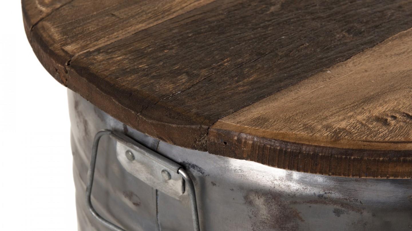Table d'appoint ronde bidon acier et bois recyclé - Collection Nora