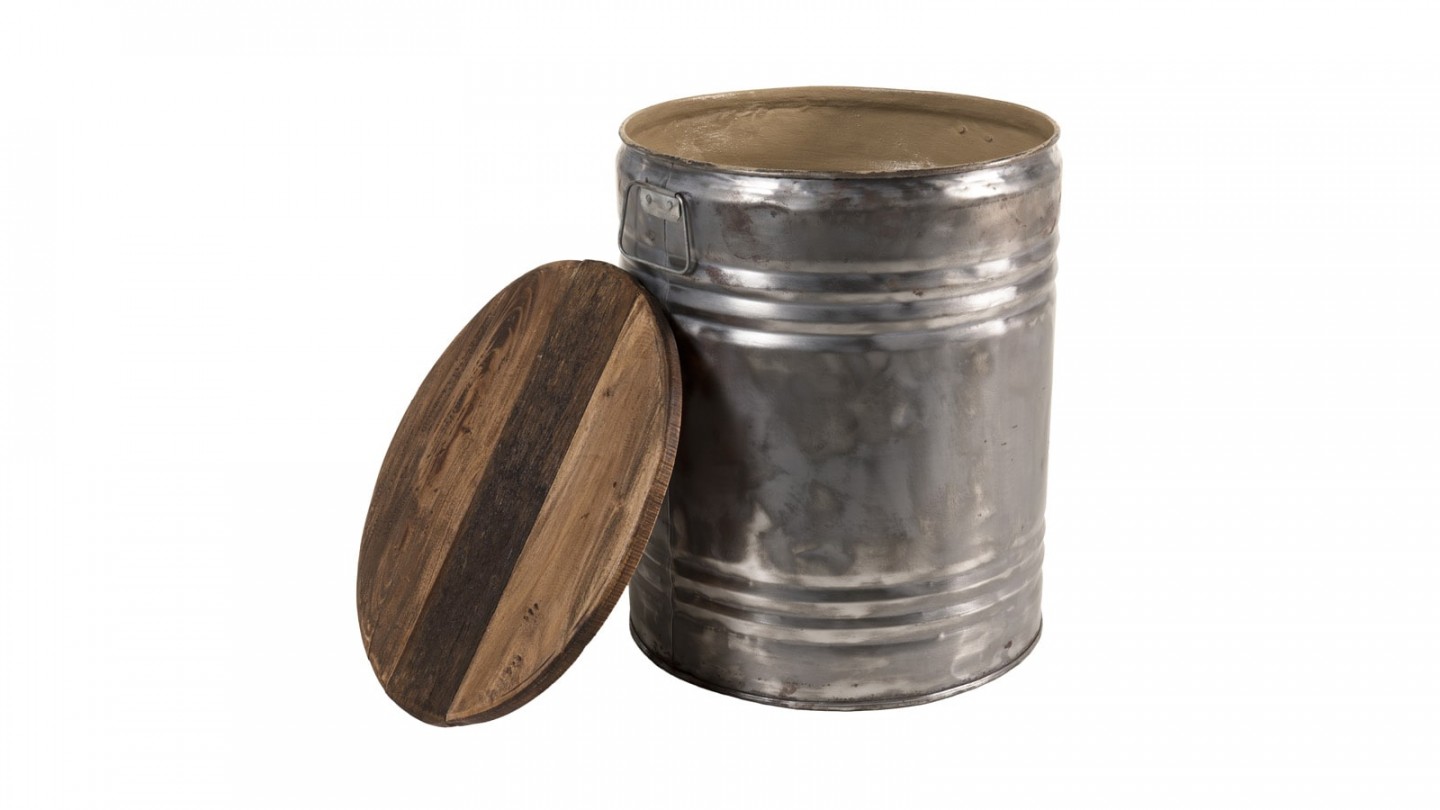 Table d'appoint ronde bidon acier et bois recyclé - Collection Nora