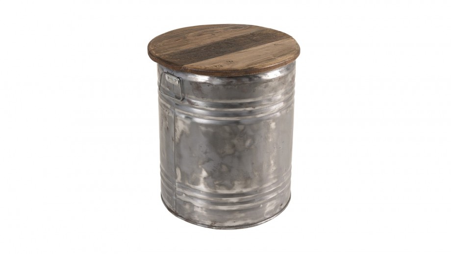 Table d'appoint ronde bidon acier et bois recyclé - Collection Nora