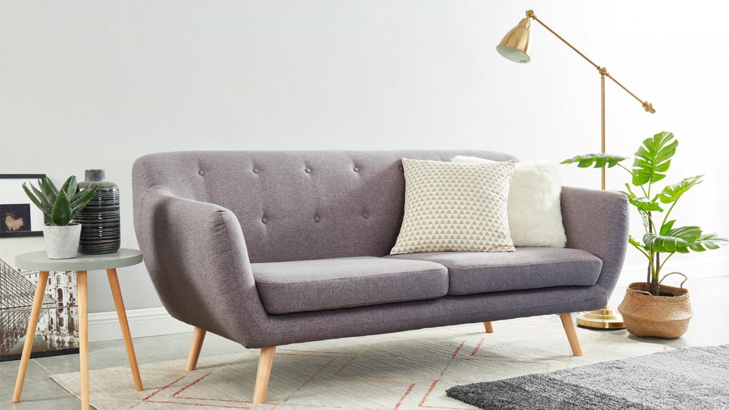 Canapé scandinave capitonné 3 places en tissu gris clair - Collection Chloé