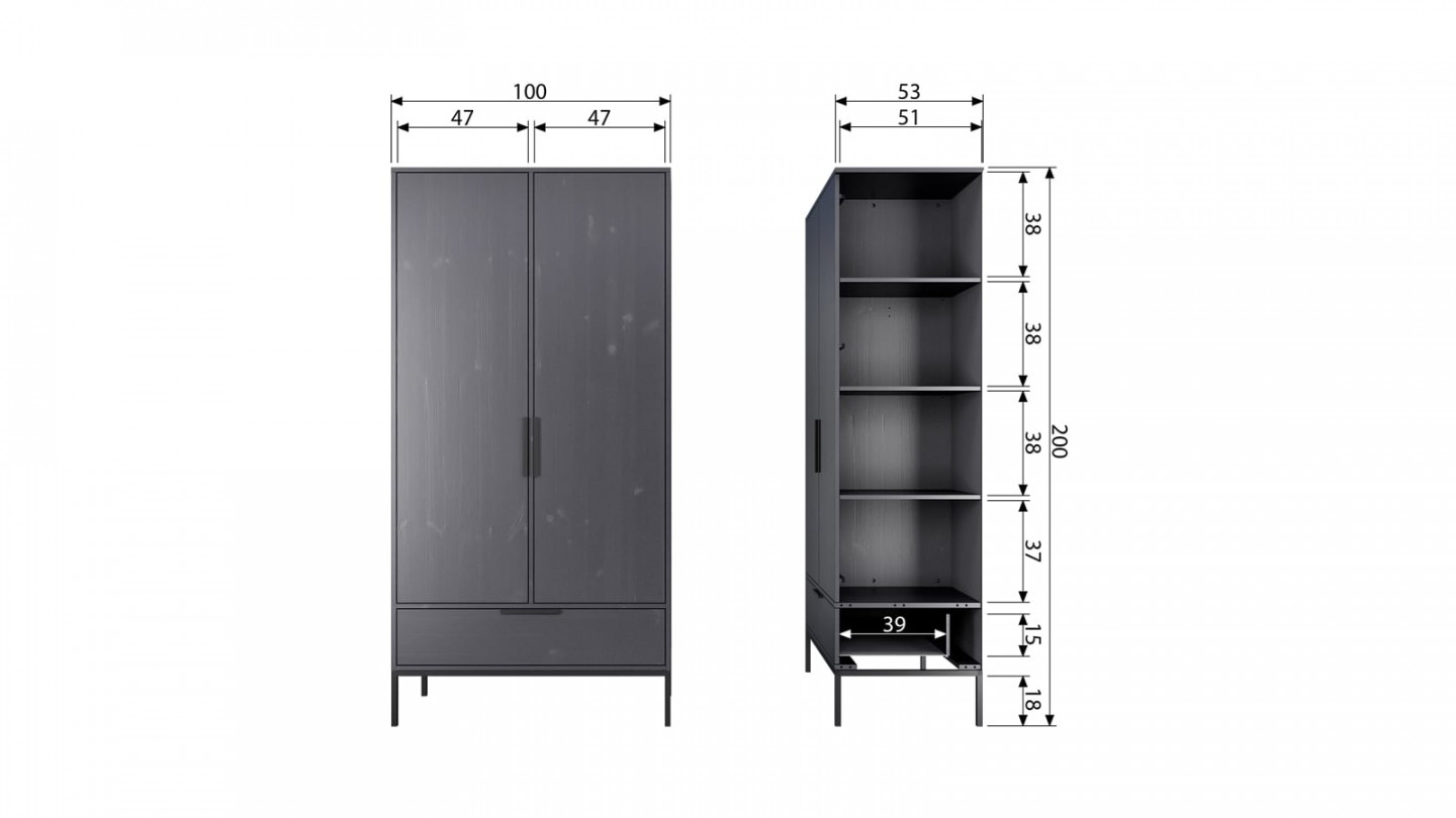 Armoire 2 portes 1 tiroir en pin gris - Collection Adam - Woood