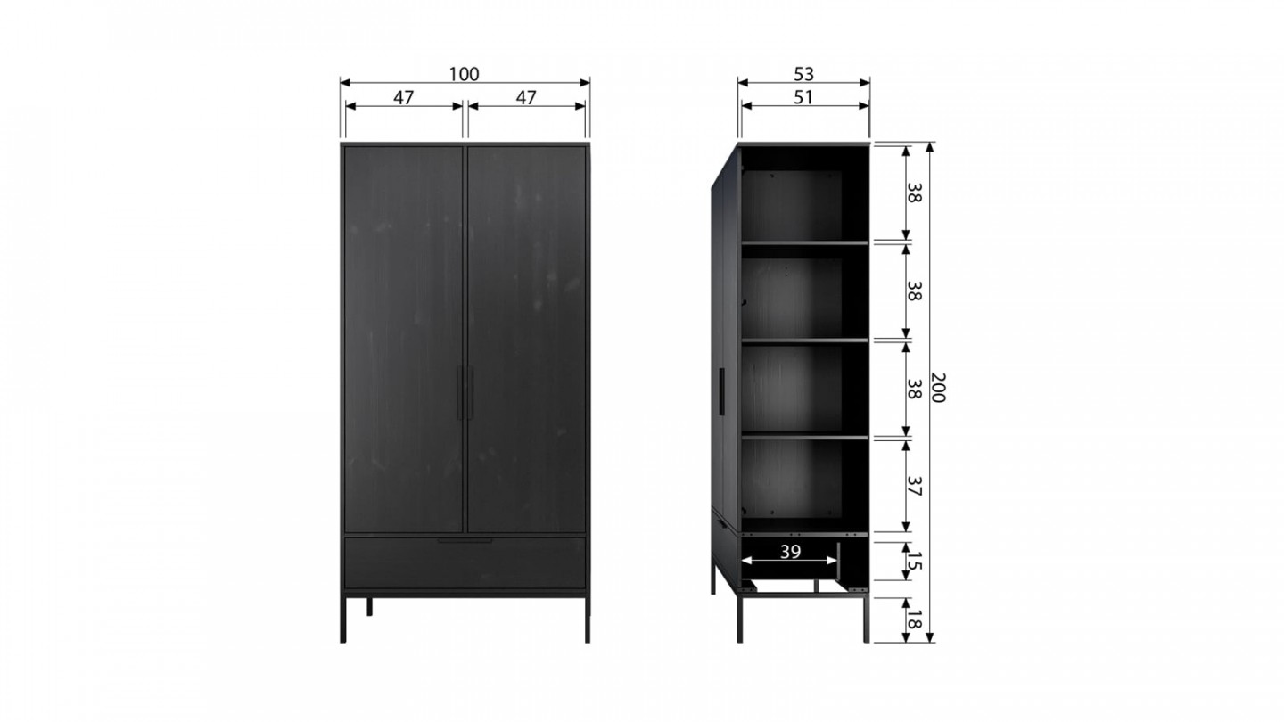 Armoire 2 portes 1 tiroir en pin noir - Collection Adam - Woood