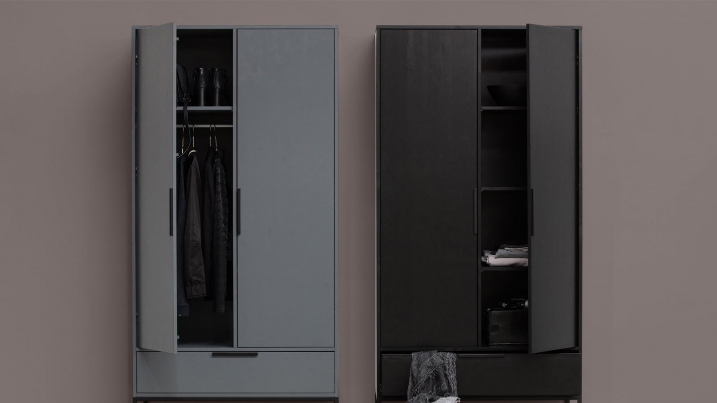 Armoire 2 portes 1 tiroir en pin noir - Collection Adam - Woood