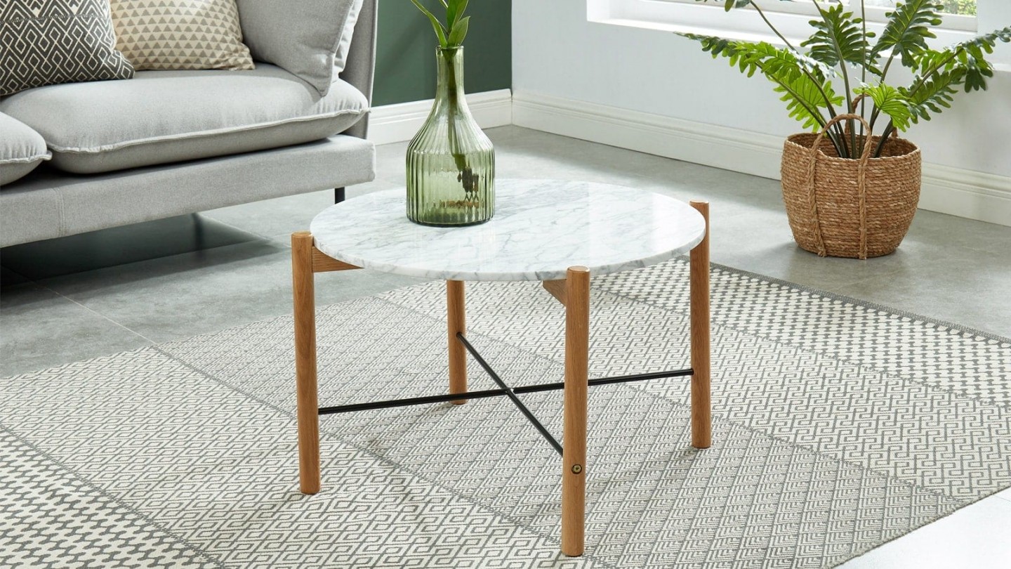 Anna - Table basse ronde 60 cm en marbre blanc et pieds en chêne