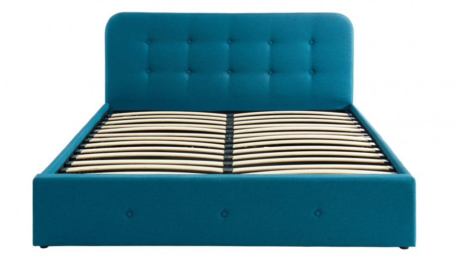 Lit coffre 160x200 cm bleu canard avec tête de lit + sommier à lattes – Collection Kate