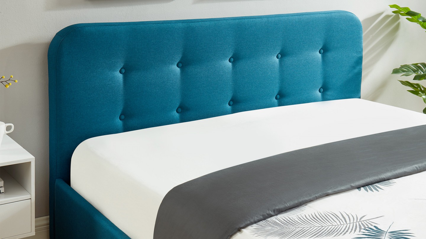 Lit coffre 140x190 cm bleu canard avec tête de lit + sommier à lattes – Collection Kate