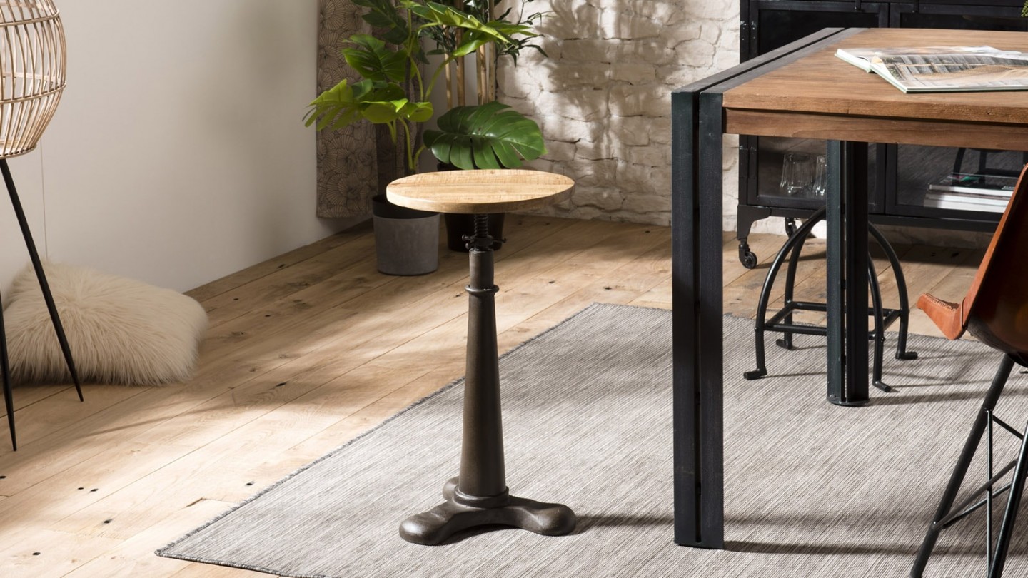 Tabouret industriel en acacia piètement métal hauteur ajustable - Collection Romain