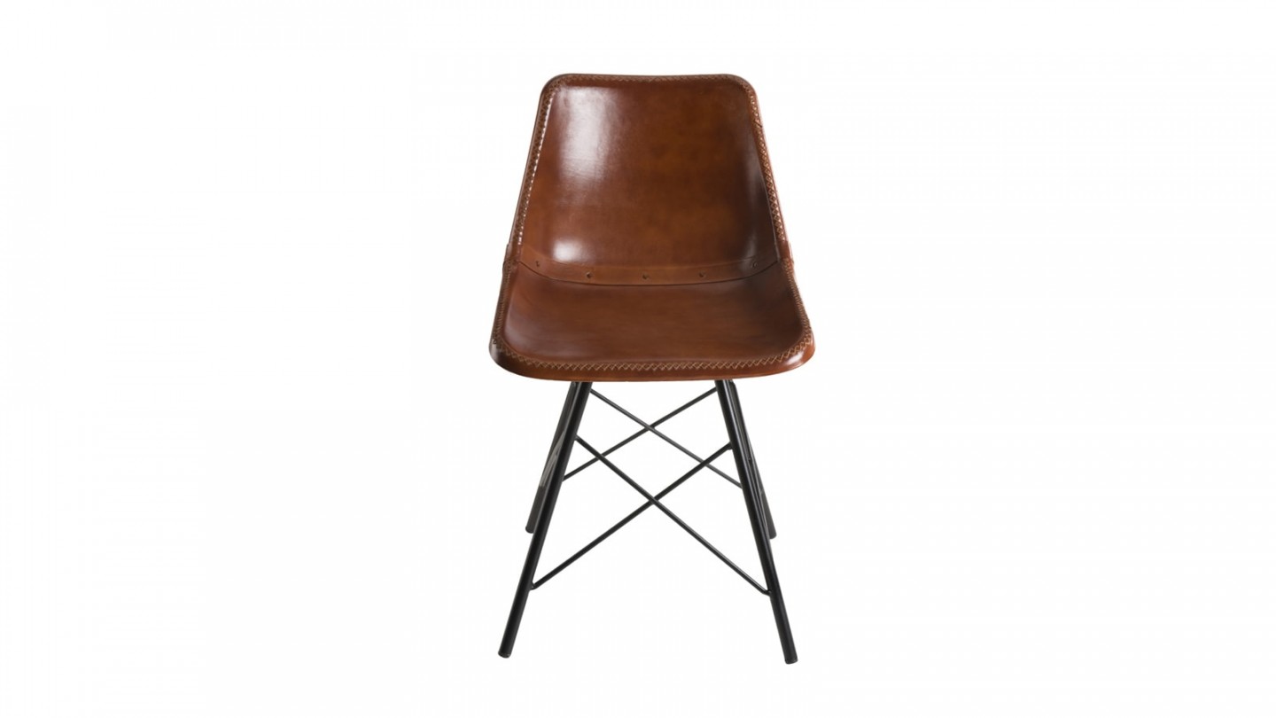 Lot de 2 chaises scandinave en cuir marron piètement métal noir - Collection Romain