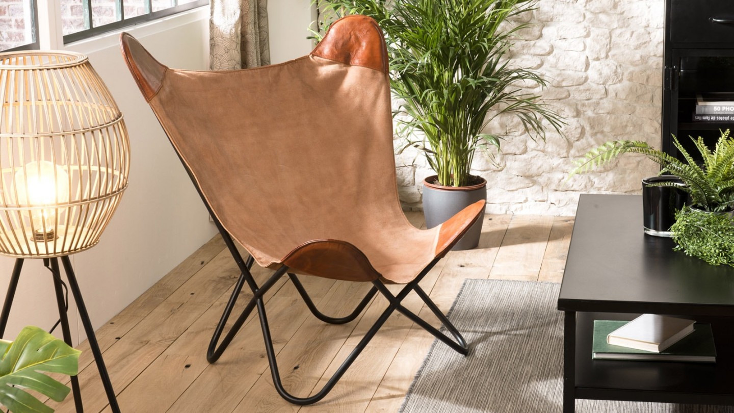 Chaise butterfly en toile et cuir marron - Collection Romain