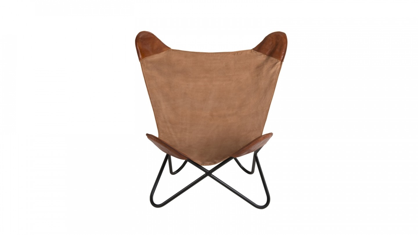 Chaise butterfly en toile et cuir marron - Collection Romain