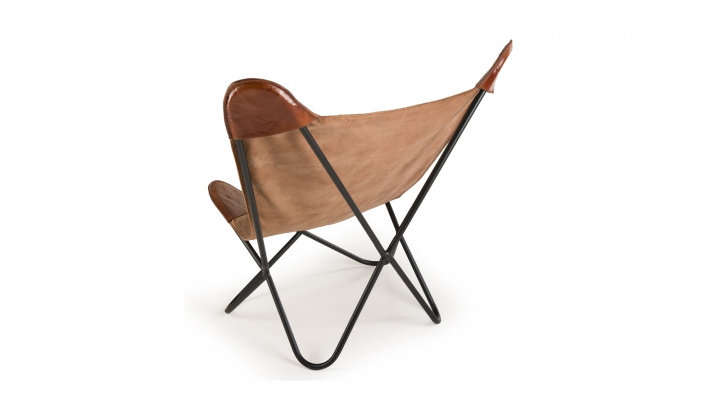 Chaise butterfly en toile et cuir marron - Collection Romain