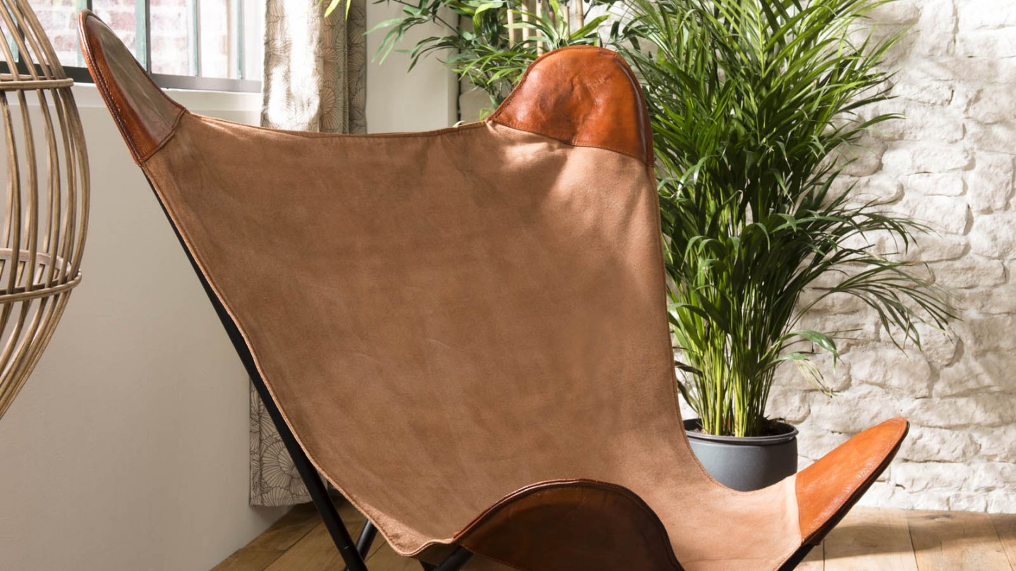 Chaise butterfly en toile et cuir marron - Collection Romain
