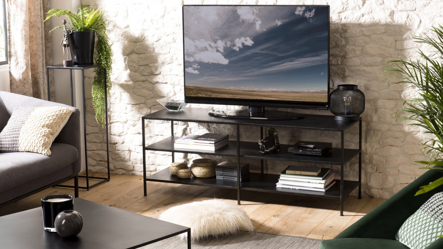 Meuble TV industriel 2 étagères en métal noir - Collection Romain