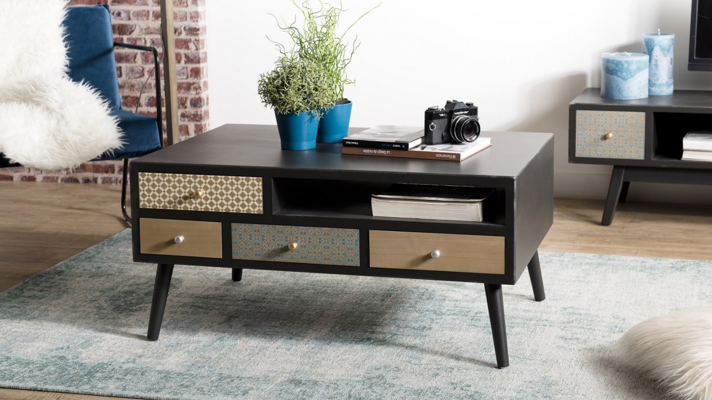 Table basse 8 tiroirs multicolores - Collection Léon