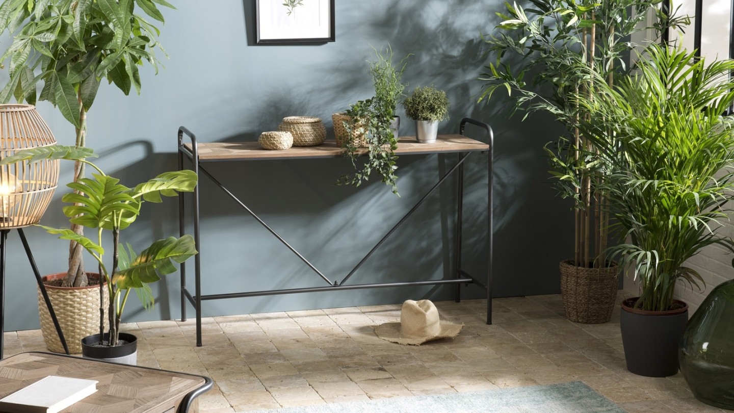 Console en pin marqueté piètement en métal noir - Collection Helena