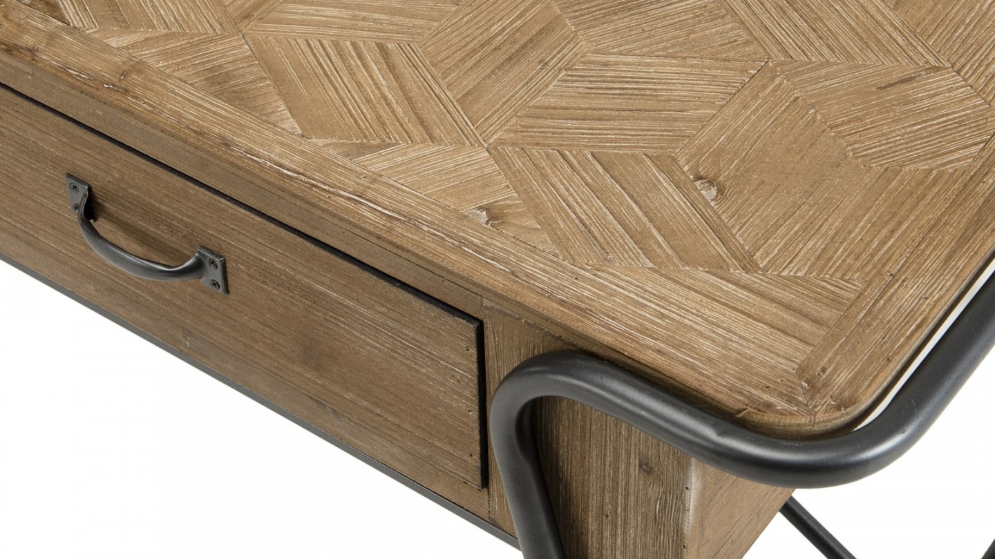 Table basse rectangulaire 2 tiroirs en pin marqueté piètement métal - Collection Helena