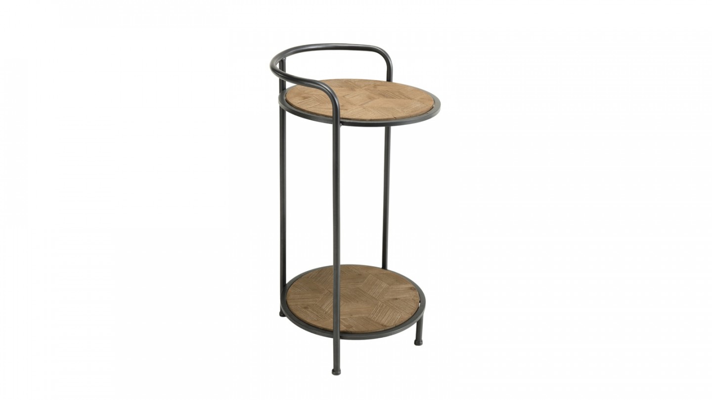 Table d'appoint ronde en pin marqueté piètement métal noir - Collection Helena