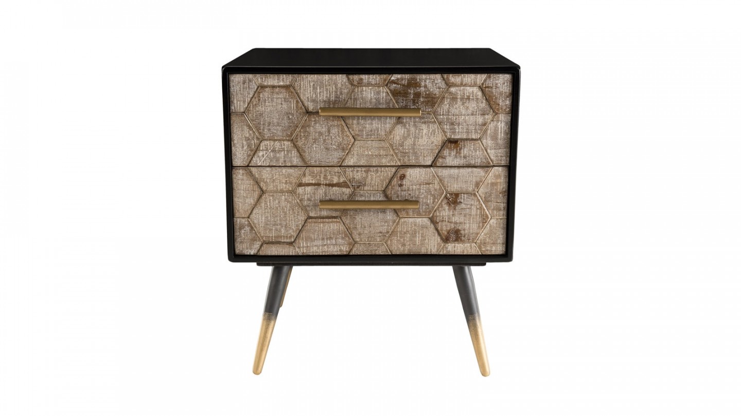 Chevet scandinave 2 tiroirs en pin marqueté piètement métal - Collection Dorrie