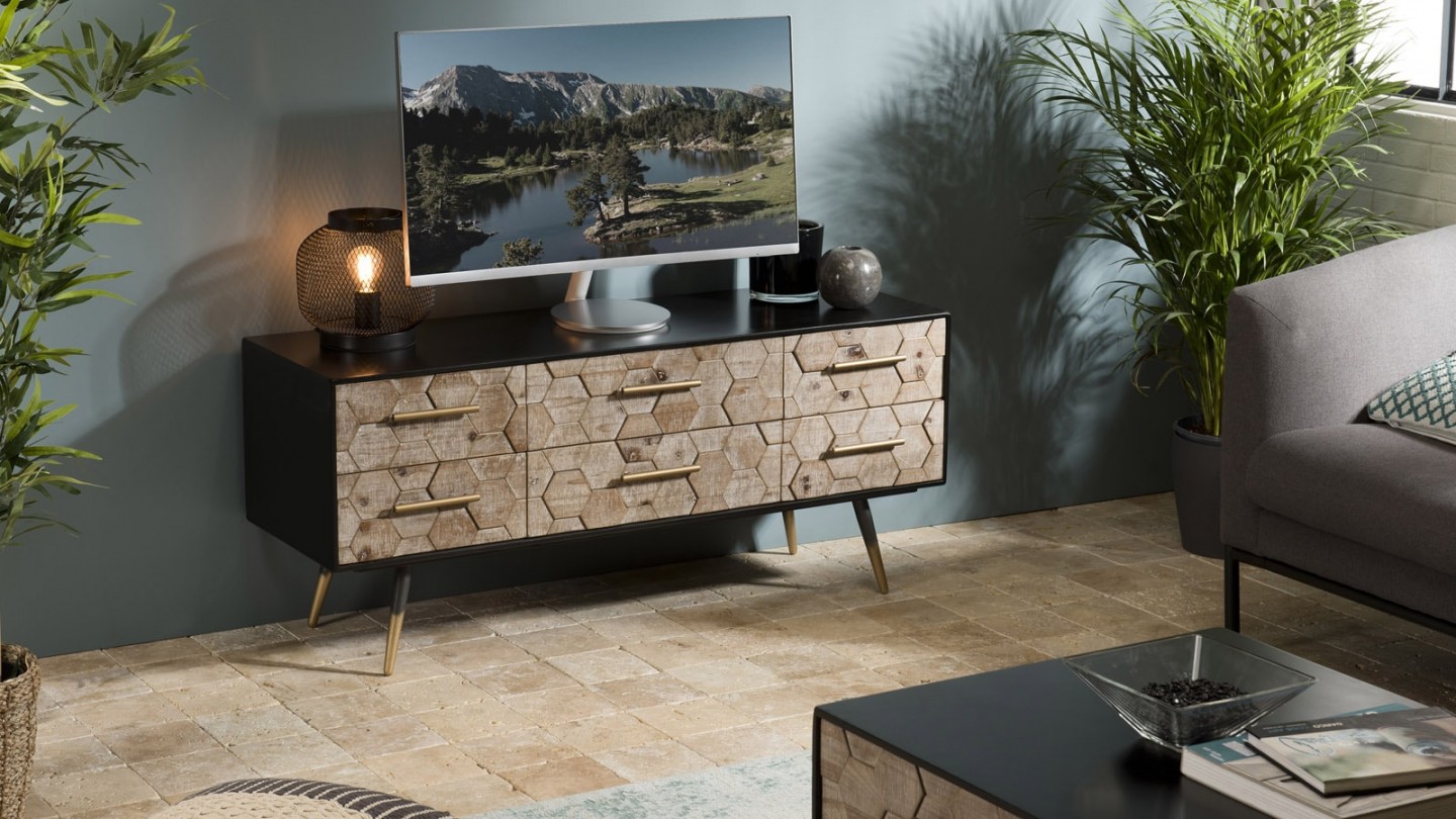 Meuble TV 6 tiroirs scandinave en pin marqueté piètement métal - Collection Dorrie