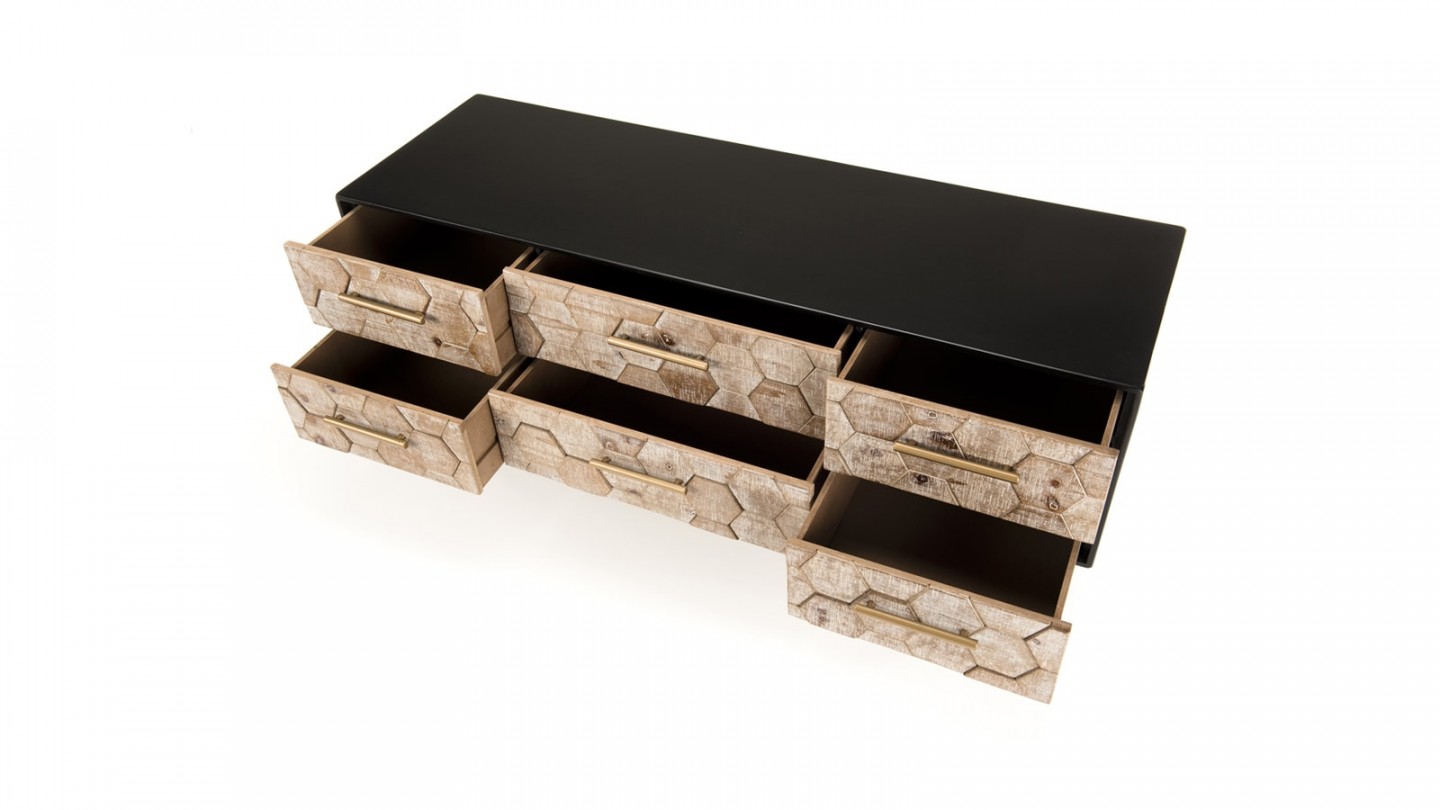 Meuble TV 6 tiroirs scandinave en pin marqueté piètement métal - Collection Dorrie