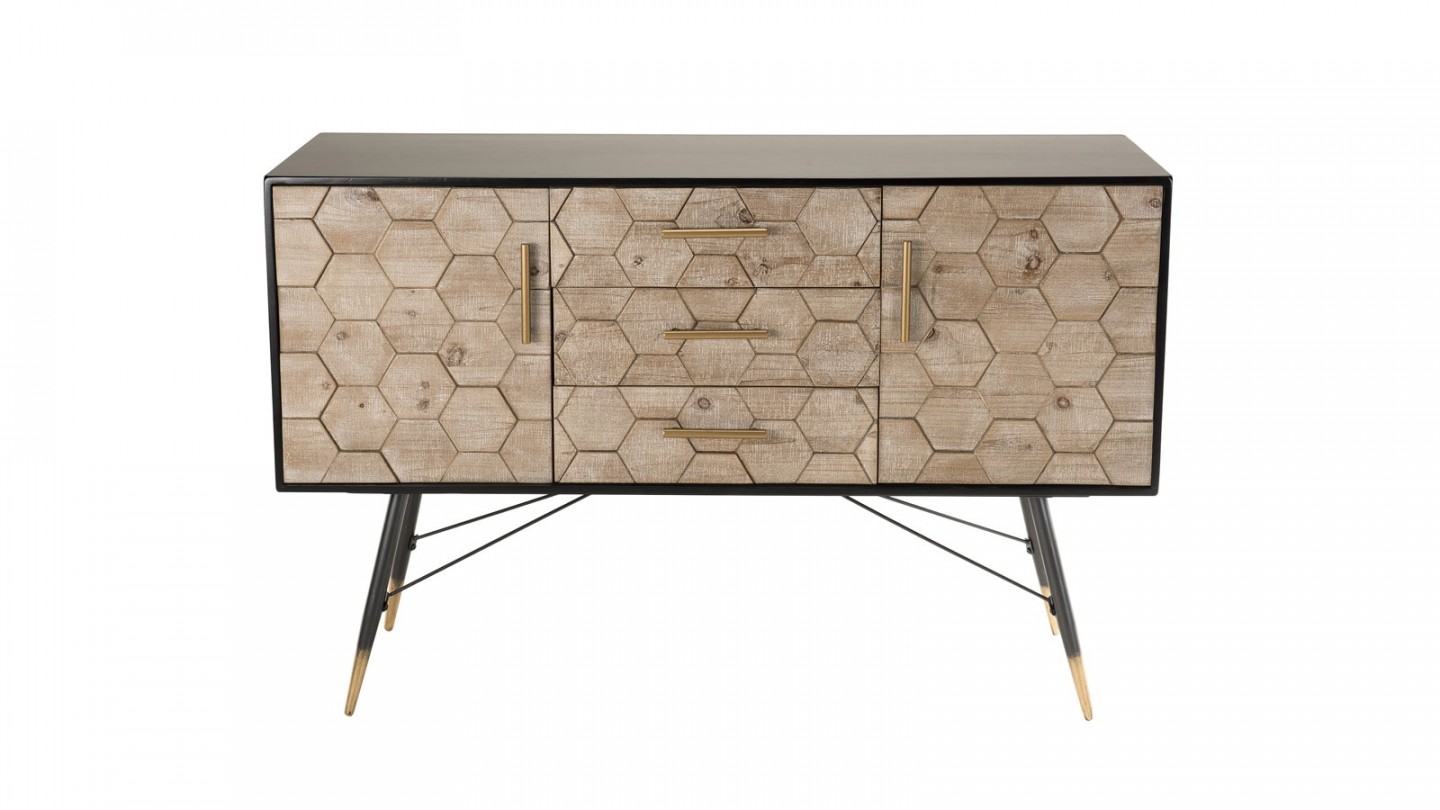 Buffet scandinave 2 portes 3 tiroirs en pin marqueté piètement métal - Collection Dorrie