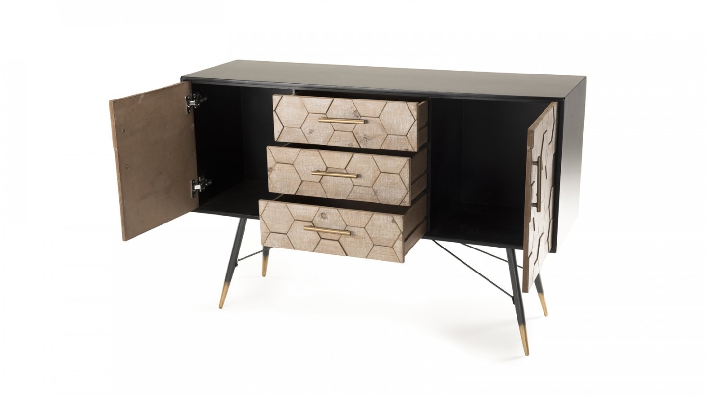 Buffet scandinave 2 portes 3 tiroirs en pin marqueté piètement métal - Collection Dorrie