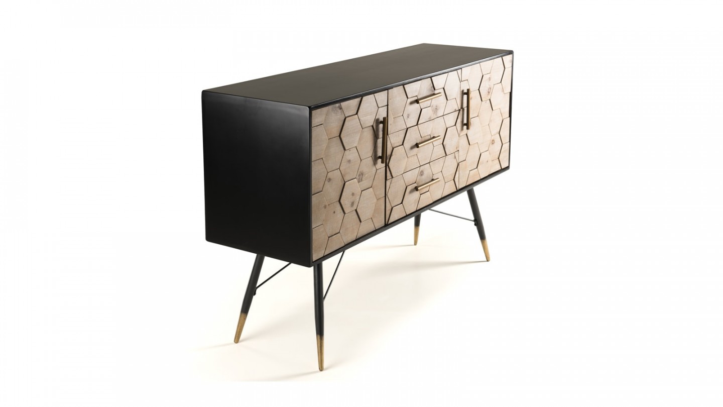 Buffet scandinave 2 portes 3 tiroirs en pin marqueté piètement métal - Collection Dorrie
