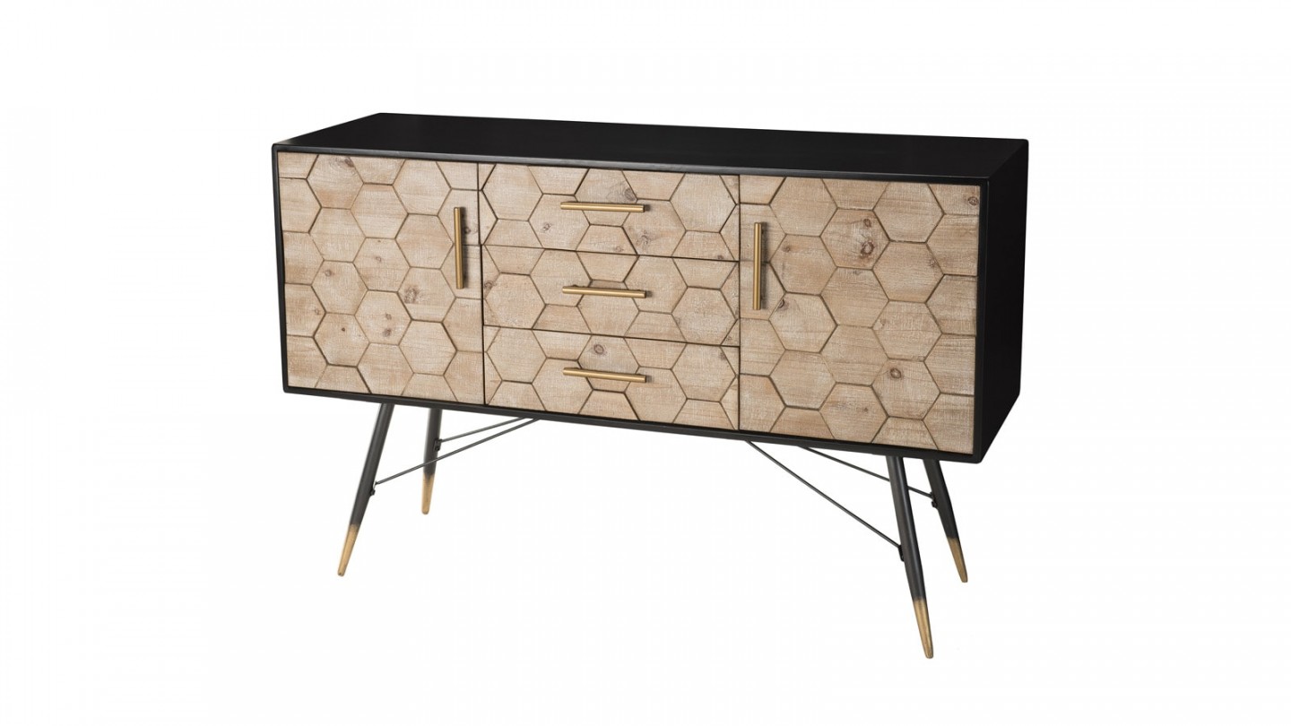 Buffet scandinave 2 portes 3 tiroirs en pin marqueté piètement métal - Collection Dorrie