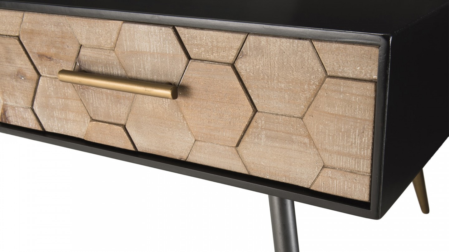 Table basse scandinave 2 tiroirs en pin marqueté piètement métal - Collection Dorrie