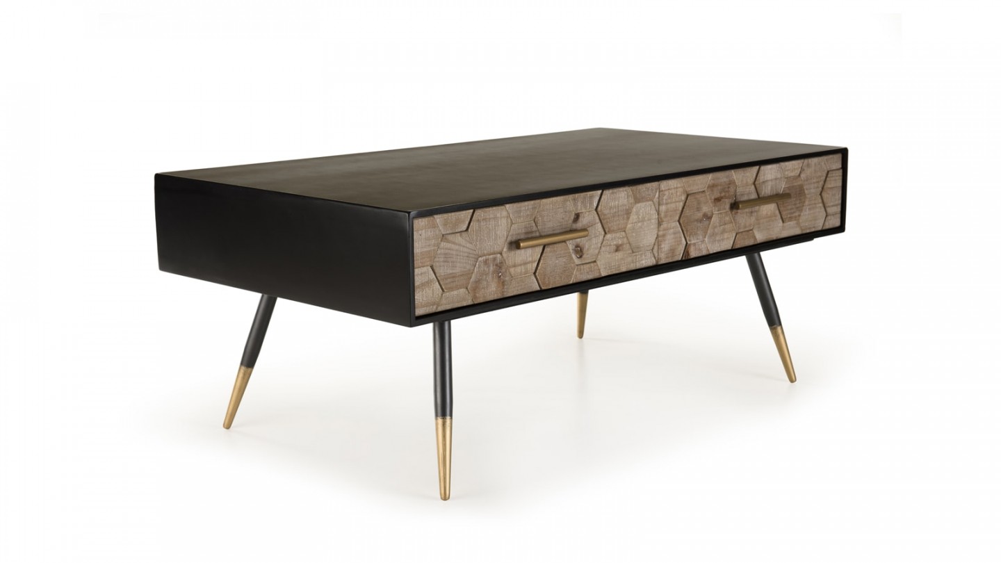 Table basse scandinave 2 tiroirs en pin marqueté piètement métal - Collection Dorrie
