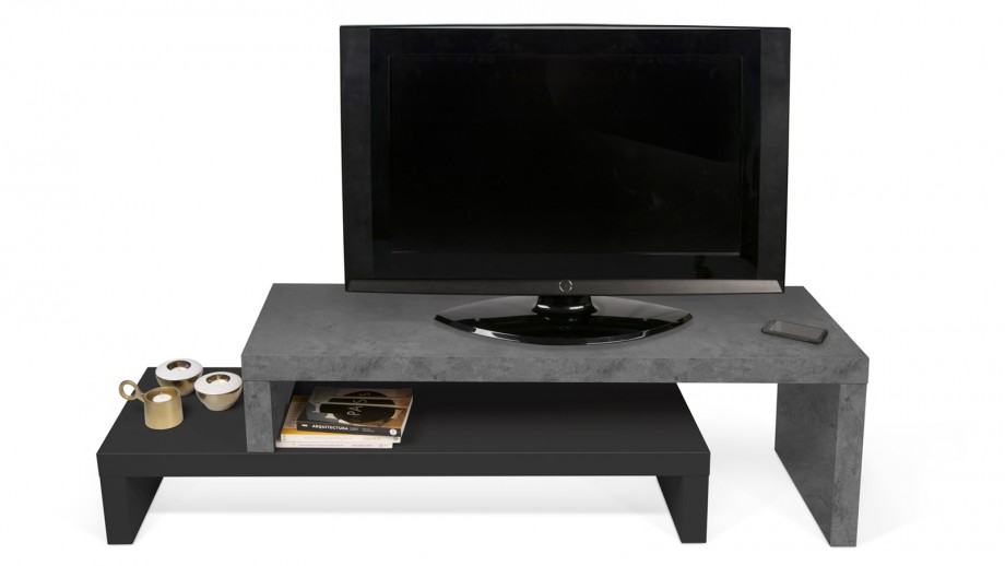 Meuble TV double en placage noir et effet béton - Collection Cliff - Temahome